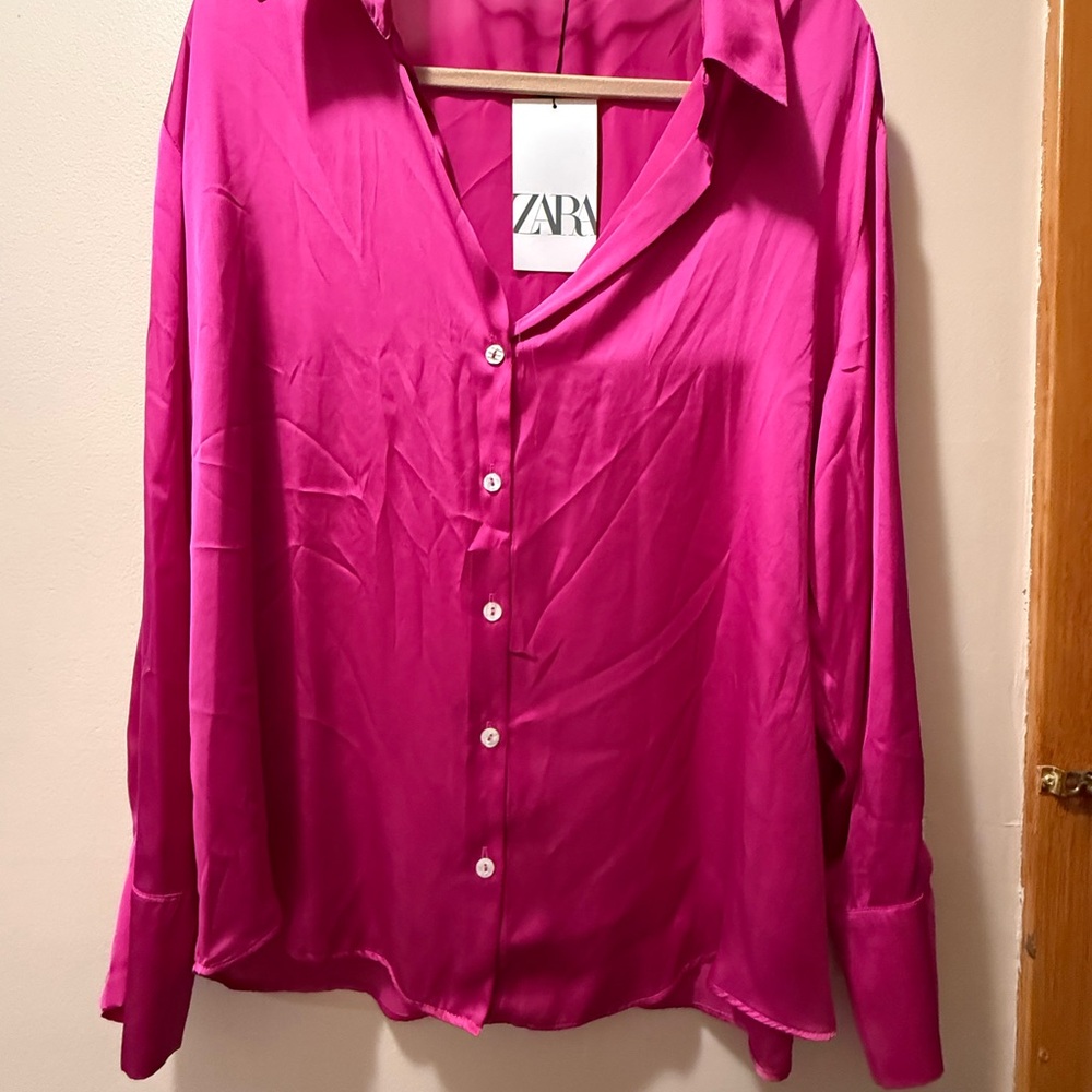 Zara Women's Fuchsia Satin Button-Down Shirt